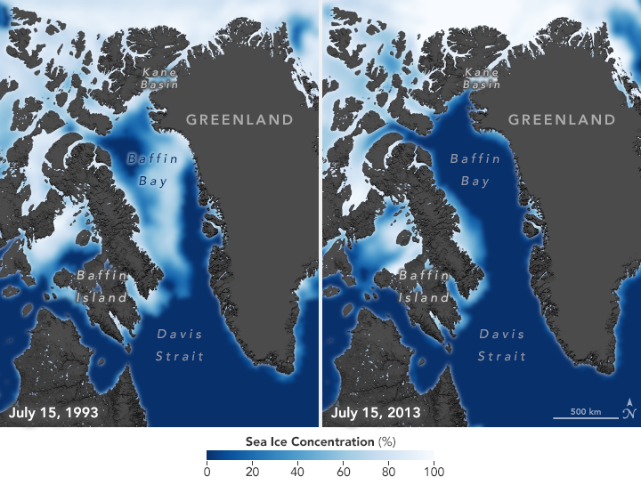 A tengerjég kiterjedése 1993-ban és 2013-ban, a világosabb szín a jég jelenlétét mutatja, a kék a vízét.