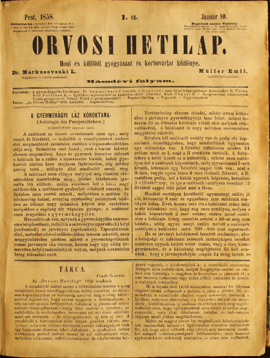 Az Orvosi Hetilap 1858. január 10-én megjelent száma Semmelweis A gyermekágyi láz kóroktana című cikkével